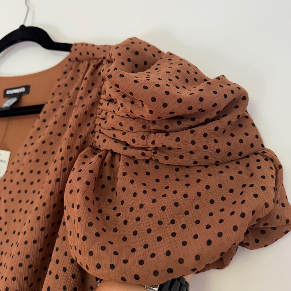 Express Brown Puff Sleeve Polka Dot V Neck Blouse Size Small - Picture 9 of 9